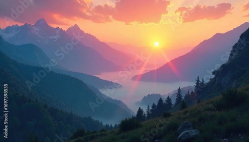 Serene landscape at dawn, misty mountains and rising sun, evokes a sense of peace and spiritual awakening Perfect for meditation, yoga, mindfulness, and wellness themes , light, peace, meditation