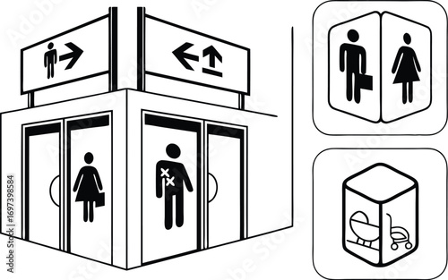 Restroom Signage in Public Places with Symbols for Men Women and Baby Accessible Facilities with Arrows and Pictograms on Doors and Cubes