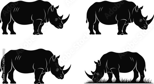 Rhino silhouette illustrations, African wildlife vector, standing and grazing rhinos, black animal icon set, safari nature clipart collection