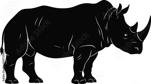 Black silhouette of rhinoceros, wild animal vector, African wildlife design, rhino clipart, flat vector illustration, bold nature art