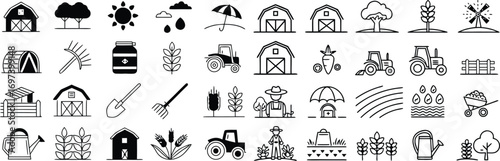 Set of farming agriculture elements in a clean and simple black outline design ideal for graphic design and visual communication projects