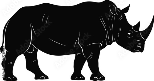Black rhinoceros silhouette, African wildlife vector, wild animal illustration, horned rhino graphic, endangered species, savannah beast clipart, strong mammal art, flat vector illustration