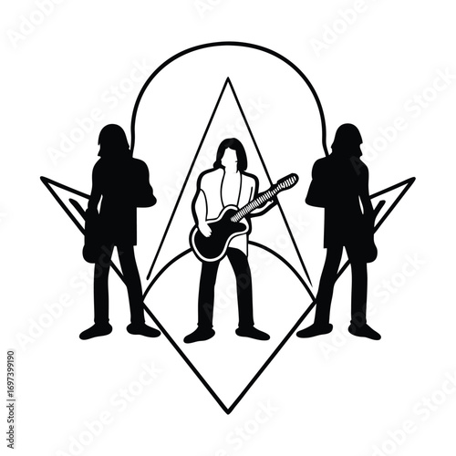 Black Silhouette Vector of Guitarist With Band Silhouette