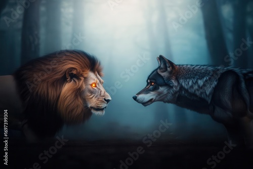 Majestic lion and fierce wolf facing each other in a mystical foggy forest illuminated by soft blue light creating a dramatic confrontation scene