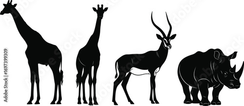 African wildlife silhouettes, giraffes, antelope, rhinoceros, safari animals vector, wild nature illustration, jungle beasts, savannah animals, flat vector illustration
