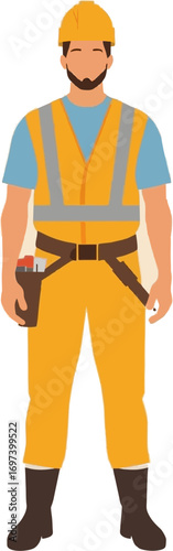 Man in construction gear suitable for construction company website, safety brochure, or industrialthemed presentation slides. Boots and beard.