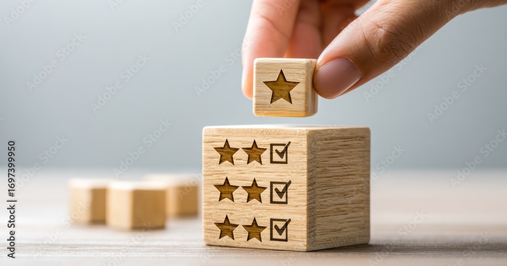 Fototapeta premium Hand placing star-marked block atop a larger cube with star/checkmark symbols, on a light surface