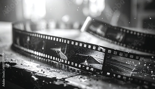 Black and white film strip on a rustic surface