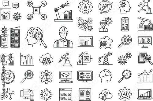 Set of Machine Learning and Artificial Intelligence Icons Depicting Automation and Technological Progress for Modern Industry