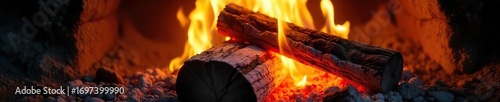 Close-up of vibrant flames engulfing a stack of seasoned firewood, creating a warm and inviting ambiance  Perfect for themes of cozy nights, warmth, and the outdoors ,  logs,  power
