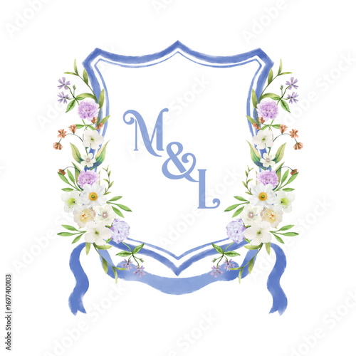 Elegant watercolor crest with floral embellishments and monogram ml, isolated on white background