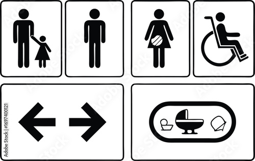 Set of Universal Pictograms Symbolizing Accessibility Facilities and Restroom Amenities Represented in Black and White Graphics for Public Spaces