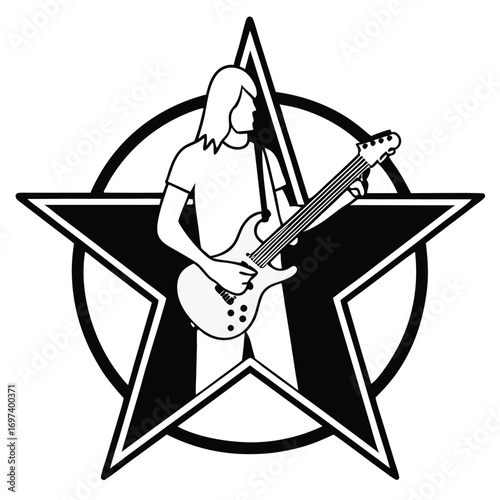 Flat Vector of Guitarist Inside Star Shaped Badge