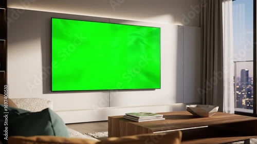 Modern Living Room with Green Screen TV, Perfect for Mockups