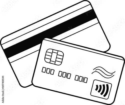 Two credit cards showing magnetic stripe chip and wireless payment option for finance and cashless transactions