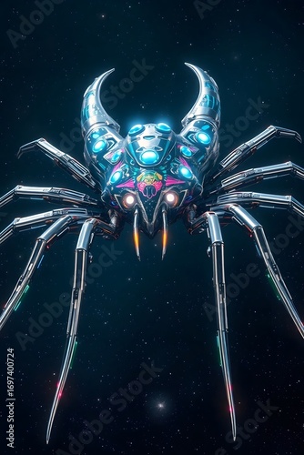 Cybernetic alien spider creature with glowing blue eyes and metallic armor against a starry cosmos backdrop