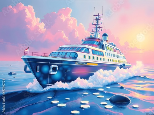 A magnificent cruise ship sailing on a fantasy ocean during a vibrant pastel sunset, an imaginative travel illustration