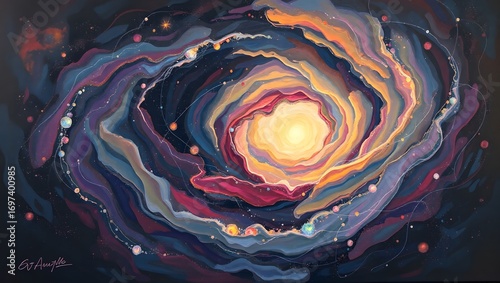 Artistic rendering of a swirling cosmic nebula, a vibrant spiral of interstellar gas, dust, and glowing stars