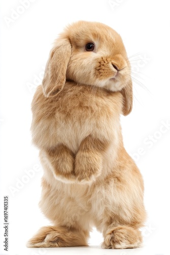Fluffy, tan-colored lop-eared rabbit stands on hind legs against a stark white background, looking charmingly askew