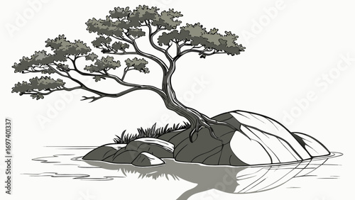 Illustration of bonsai tree growing on rocks with water reflection nature landscape drawing design art