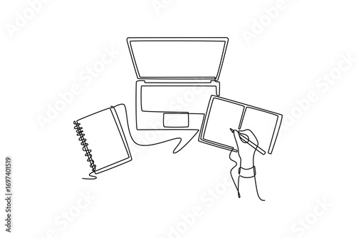 Study online or  webinar concept. Single line draw design. Vector graphic illustration