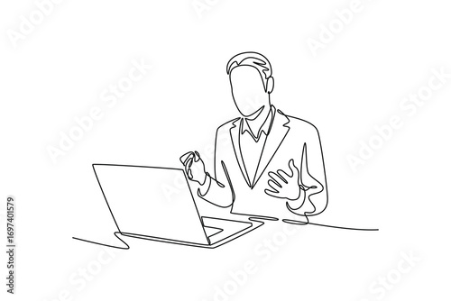 Study online or  webinar concept. Single line draw design. Vector graphic illustration