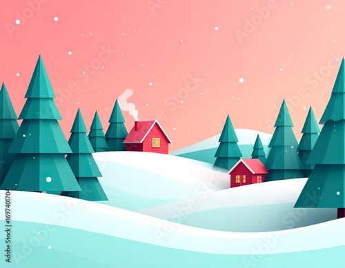 A serene winter landscape illustration with cozy red cabins nestled among snowy hills and teal pine trees under a pink sky.