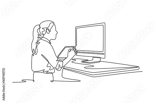 young talent woman learn in online class. Study online or webinar concept. Single line draw design. Vector graphic illustration