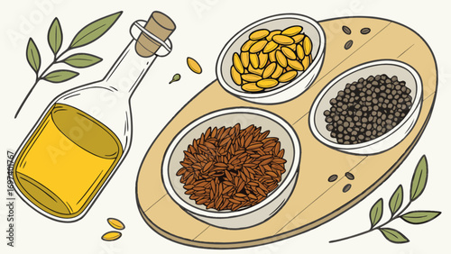 Flaxseed oil bottle with flax seeds golden flaxseeds and black seeds on a wooden board illustration