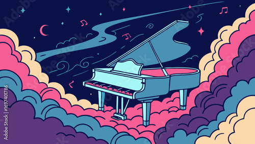 Dreamy grand piano music illustration with clouds and night sky for musical inspiration and creativity