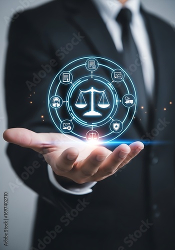 Lawyer holding digital scales of justice symbol representing fintech legal technology innovation