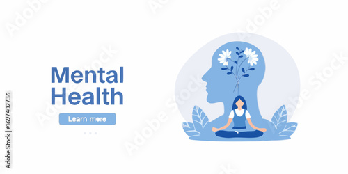 Mental health awareness with woman meditating inside a silhouette head with flowers growing
