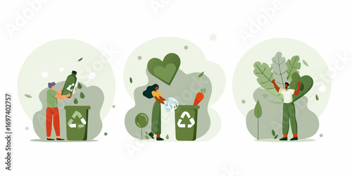 People recycling and composting organic waste and plastic bottles for a sustainable future and healthy planet