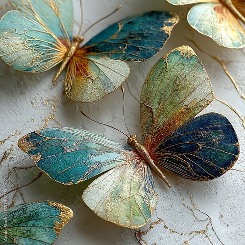 Elegant butterflies with gold accents on white teal green