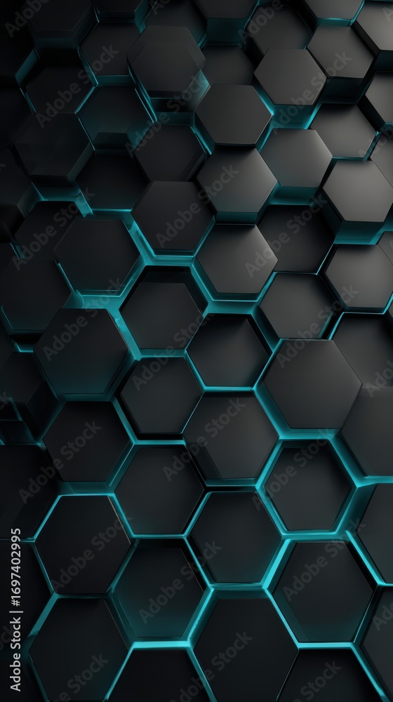 Naklejka premium Dark Hexagonal Pattern with Glowing Blue Edges in a Modern Abstract Design Concept for Technology Backgrounds