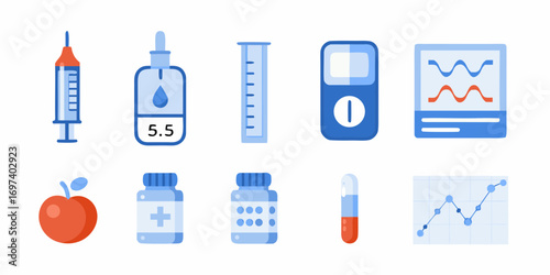 Collection of medical icons representing healthcare diabetes management and scientific research with a clean modern design
