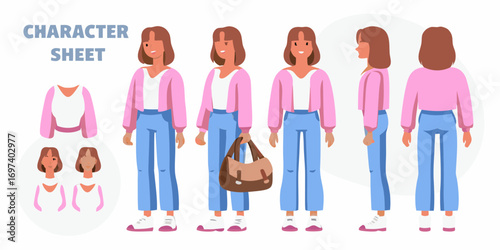 Character sheet of a young woman in casual clothing viewed from different angles with outfit details