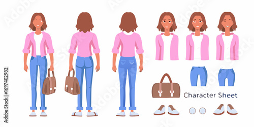 Character design sheet of a young woman with different views and accessories for animation or illustration