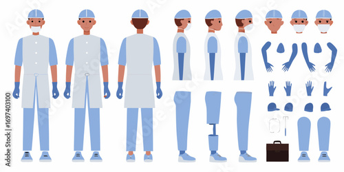Medical professional character design kit with various poses and accessories for animation and illustration