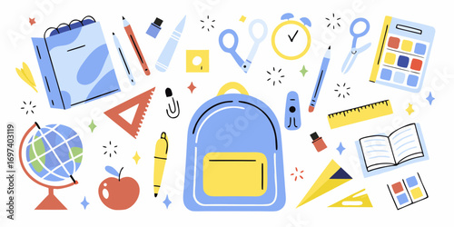 Collection of colorful school supplies and stationery items arranged on a white background