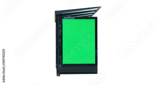 A modern bus stop shelter with a blank green screen display, isolated on a transparent background
