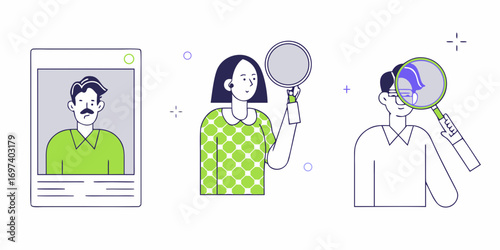 Diverse people using magnifying glasses to examine a profile picture and document details