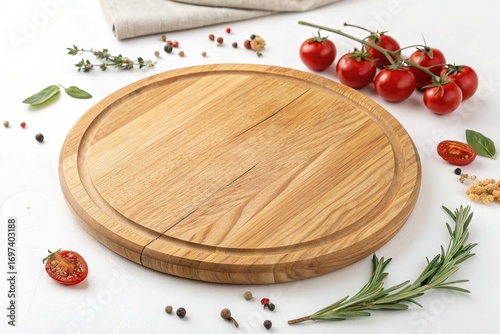 Empty round wooden cutting kitchen board on white background