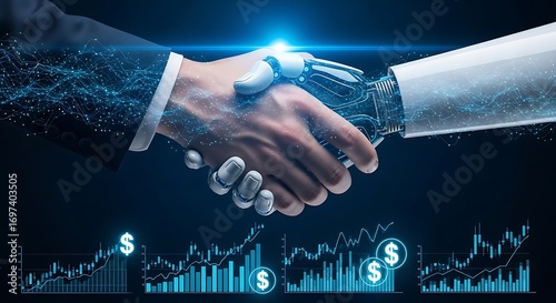 Human and robot shaking hands signifying fintech and artificial intelligence integration in finance