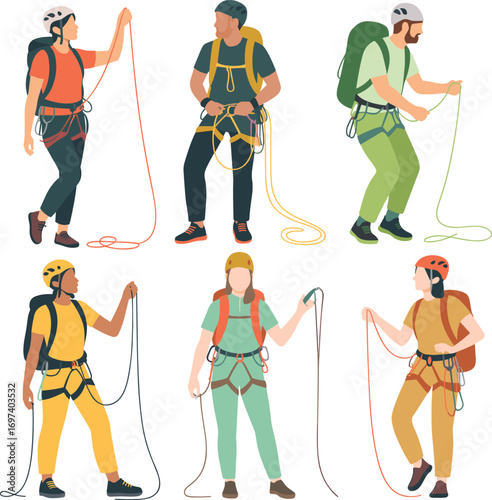 Rock climbing vector illustration set with climbers, helmets, ropes, harnesses, backpacks, adventure gear, mountaineering sport and outdoor activity