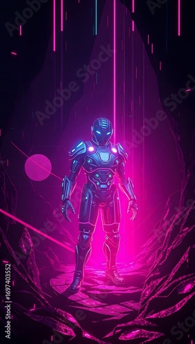 Advanced robotic sentinel illuminated by vibrant magenta lights and cybernetic energy in a surreal alien world