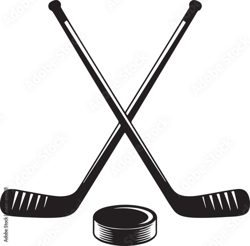 A vector illustration of two crossed hockey sticks and a puck