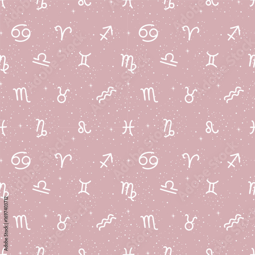 Horoscope Pattern. Zodiac Signs Seamless Background. Abstract Print with Zodiac Signs, Stars. Astrology Print. Vector Hand Drawn Illustration in White on Pink