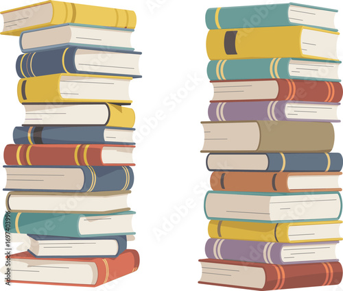 Stack of colorful books vector illustration with tall piles of novels, textbooks, literature, study, education, school, knowledge, and library