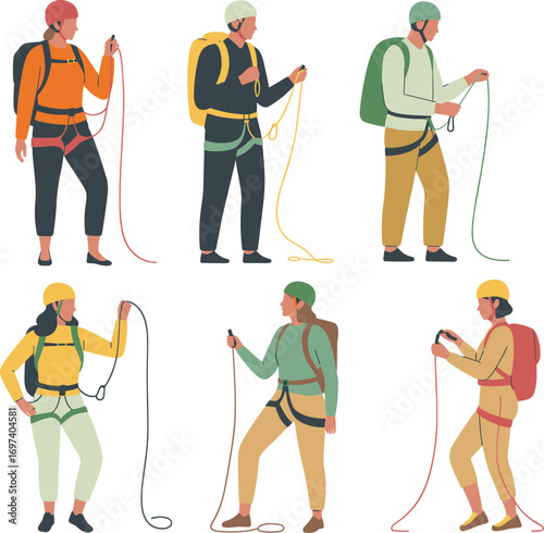 Vector illustration of climbers with helmets, ropes, harnesses, backpacks, mountaineering gear, rock climbing sport, hiking adventure, and outdoor activity
